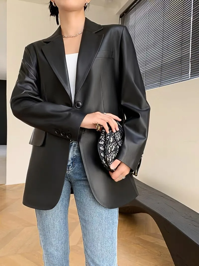 2025 Autumn Women's Oversized Real Leather Jacket Female 100% Sheepskin Retro Brown Broad Shoulder Suit Coat Streetwear Blazer