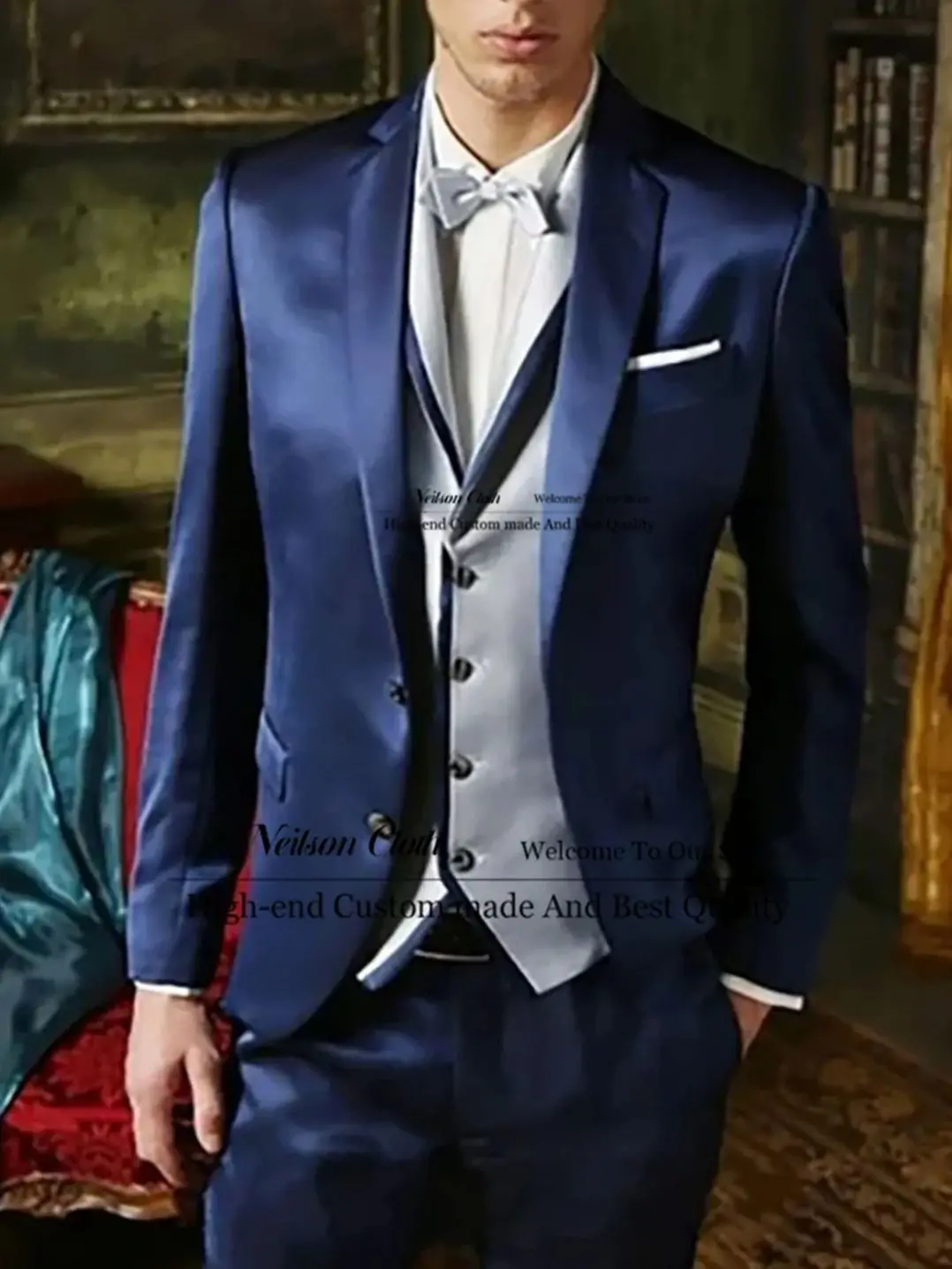 

Fashion Navy Blue Male Prom Blazers 3 Pieces Sets Notched Lapel Groom Wedding Tuxedos For Men Slim Fit Groomsmen Terno Masculino