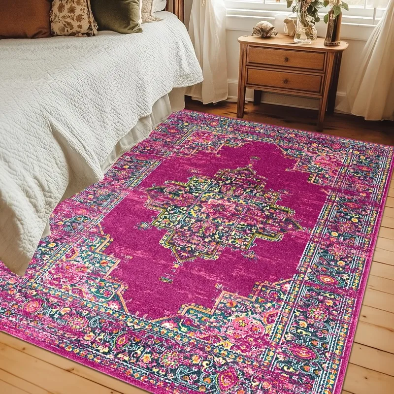 Bright Pink Vintage Floral Flannel Rug Soft Non Slip Washable Indoor Area Floor Mat for Living Room Bedroom Bohemian Home Decor