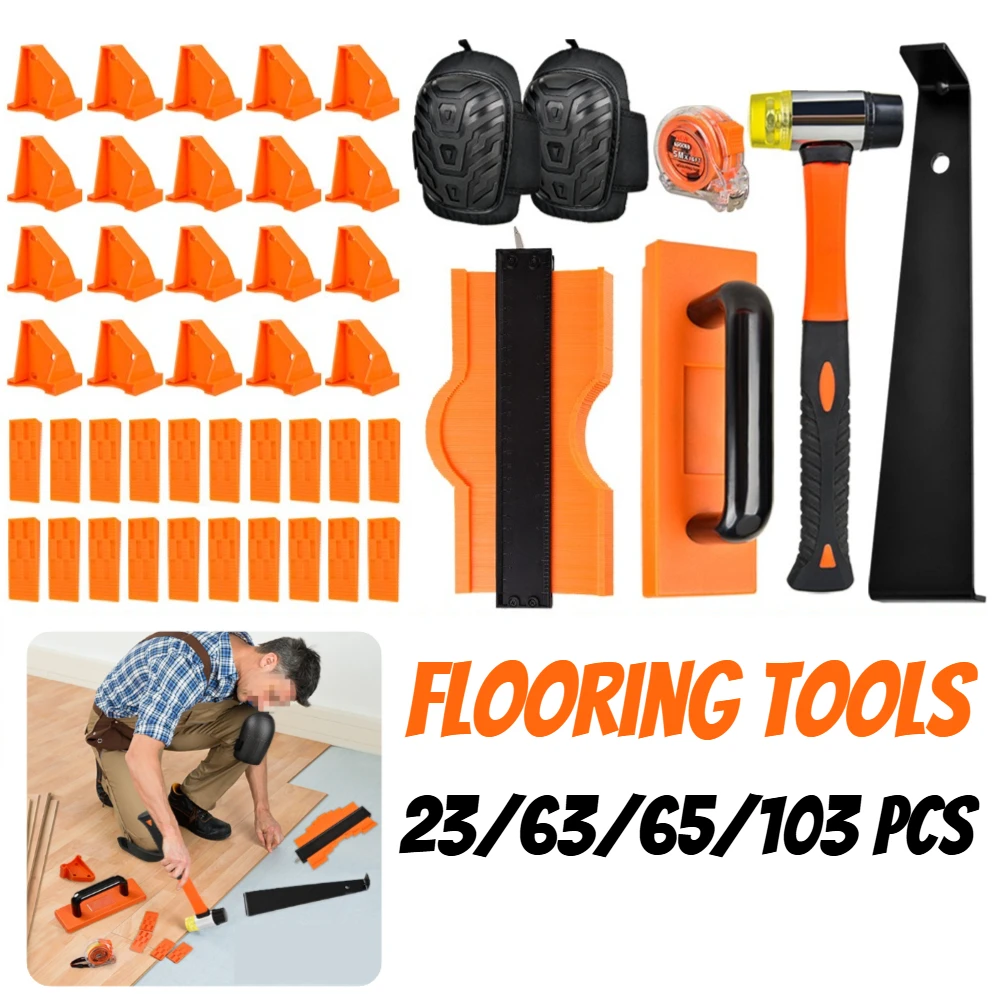 

Инструменты для ламината и пола с прокладками для пола. Резьбовой блок с ручкой. Рулетка с резиновым молотком. Защитные наколенники.