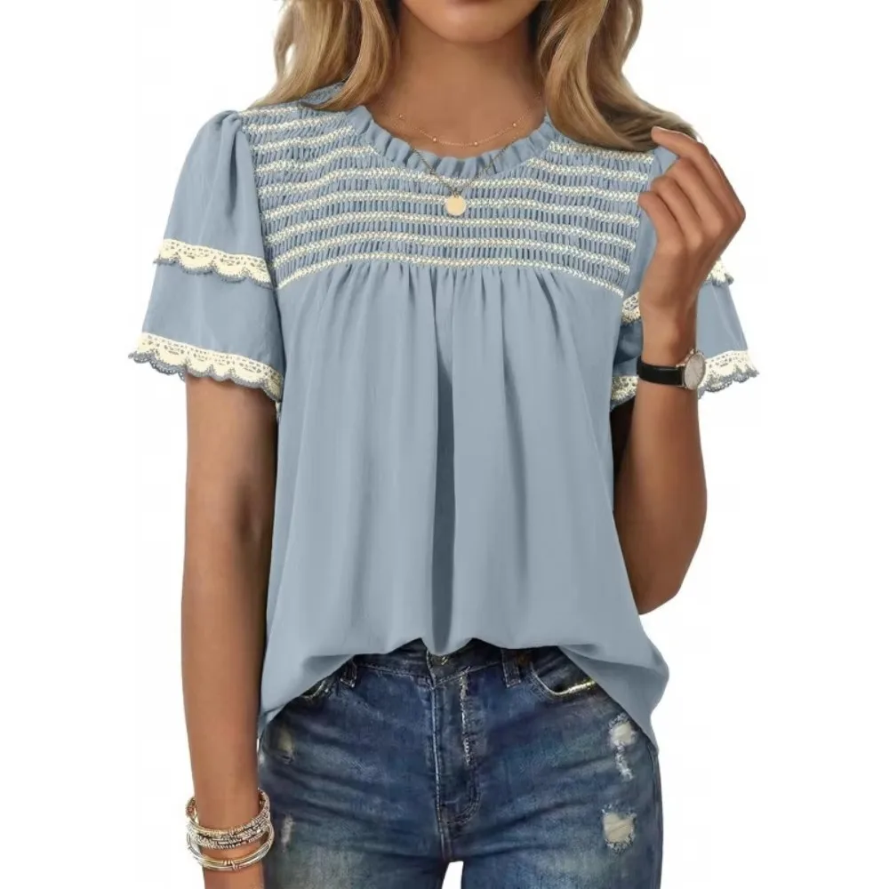 Women Round Neck Ruffle Short Sleeve Blouse, Boho Casual Summer Top Soft Breathable Flowy Flattering For Daily Vacation