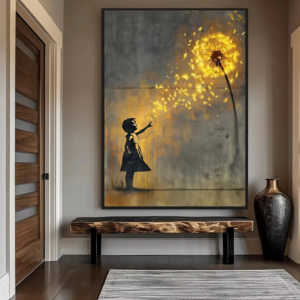 Póster y estampas de una chica con una diente de león dorado, arte de graffiti urbano, pintura sobre lienzo, cuadros para decoración del hogar.