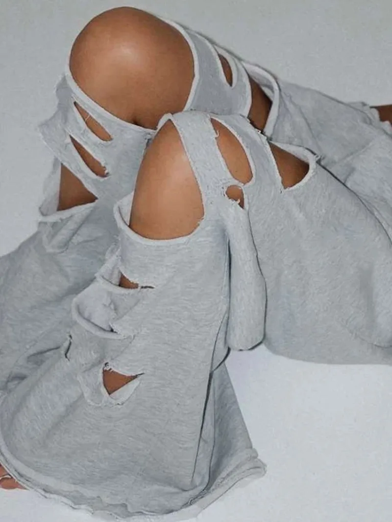 2025 autumn new women's clothing solid color personalized ripped hole sanitary pants sports casual high waisted wide leg pants