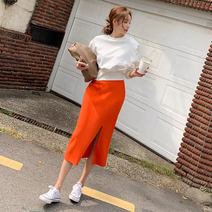 Coréen Dongdaemun Faion confortable nouveau à la mode femmes coupe ajustée fendu doux décontracté tricoté jupe f corps jupe