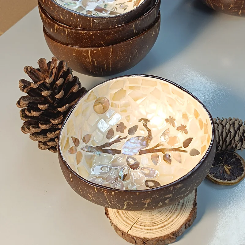 Creative Handmade Coconut Shell Bowl Arts Painting Wood Bowls Home Decor Storage Tray Jewelry Healing Crystal Stone Organizer