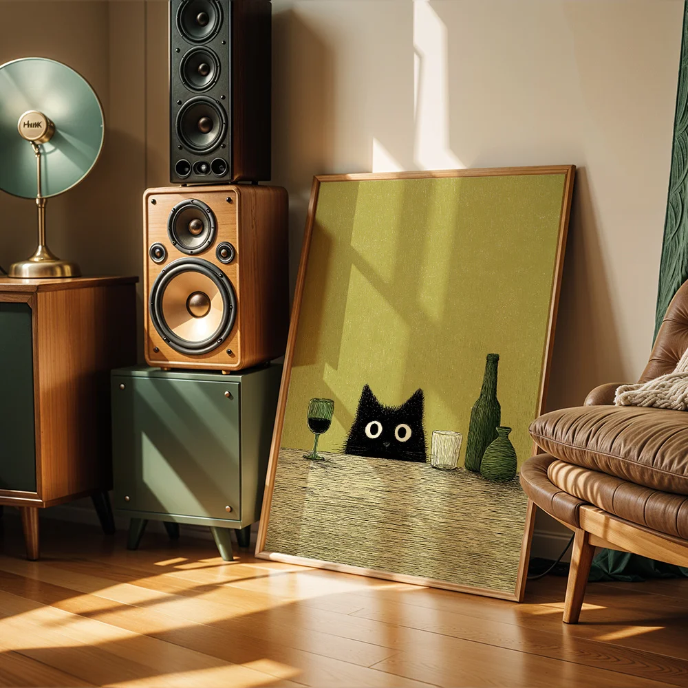 Minimal Style Peeking Black Cat Canvas Wall Art, Poster Hanging Decor For Living Room Bar, Aesthetic Home Decoration For Cat Lov