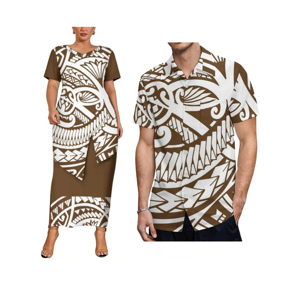 New Design V-Neck Short-Sleeved Skirt With Pleated Hem And Waist-Cinching Feature For Ladies Polynesian Custom Puletasi Style