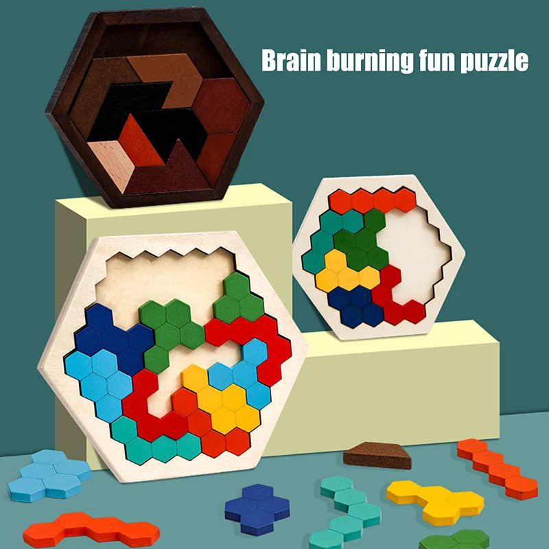 

Wooden Hexagon 3D Jigsaw Puzzle Tangram Math Toys Baby Hand Grasp Board Shape Match Puzzle Montessori Educational Toys For Kids