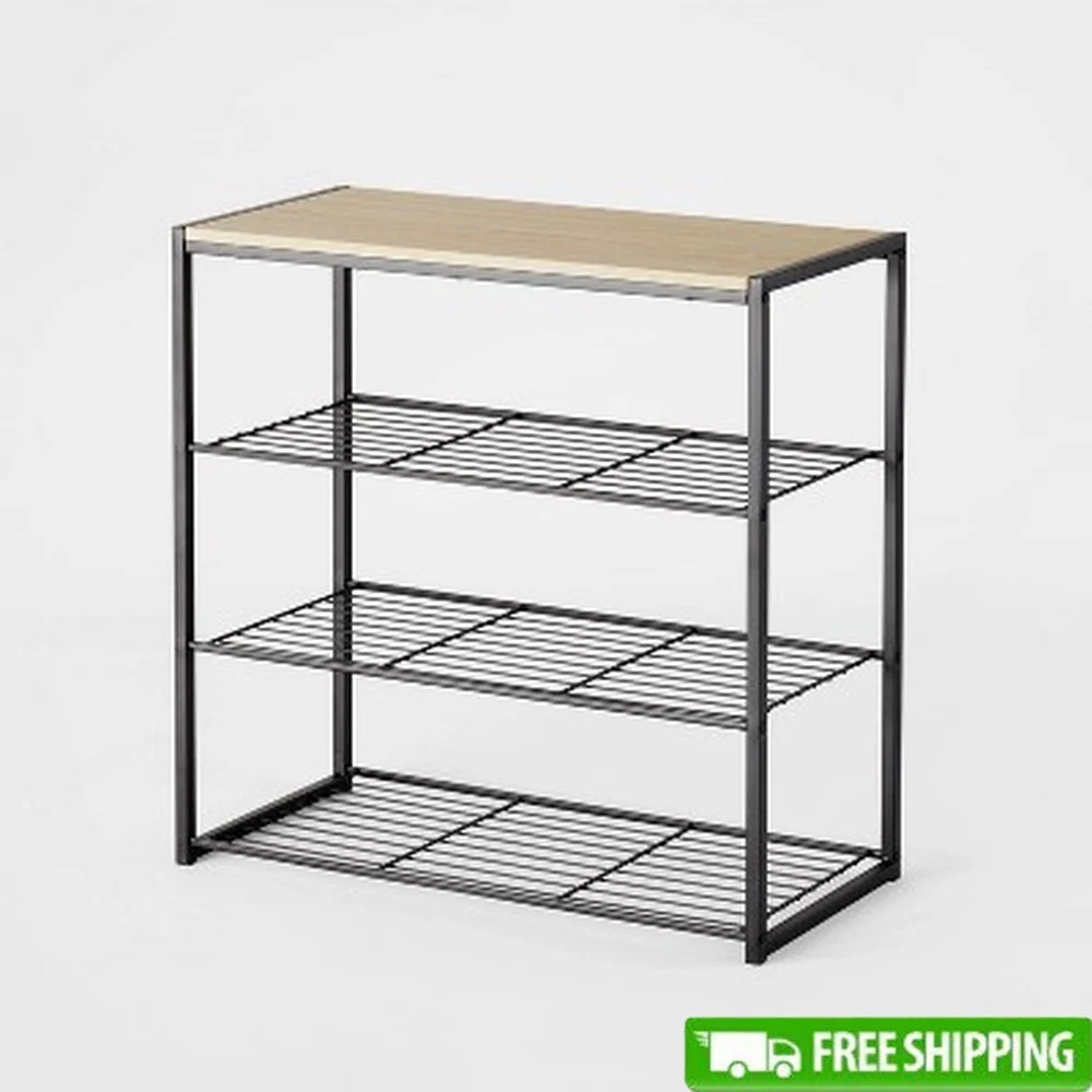 

4 Tier Shoe Rack Black Metal Frame Natural Wood Top Freestanding Storage Organizer 3 Shelves Easy Access Modern Design Home