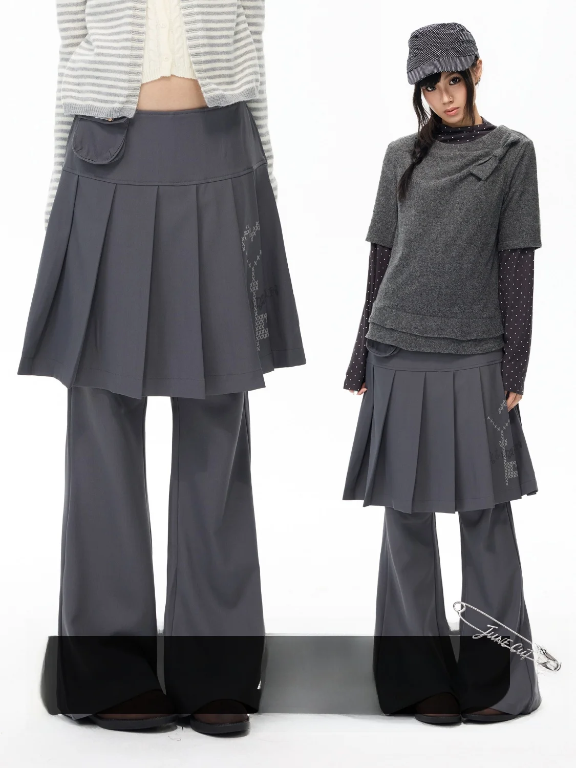 Slimming Casual Pants Junecut Light Salsa Style Fake Two-Piece Pleated Micro Flared Skirt Pants Grey Floor-Length Casual Pants