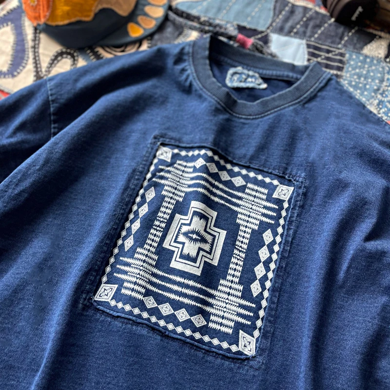 Retro Japanese Style Loose Fit T-Shirt Youth Fashion Cotton Pure Blue Resist Dyeing Ethnic Patchwork Summer Top for Men