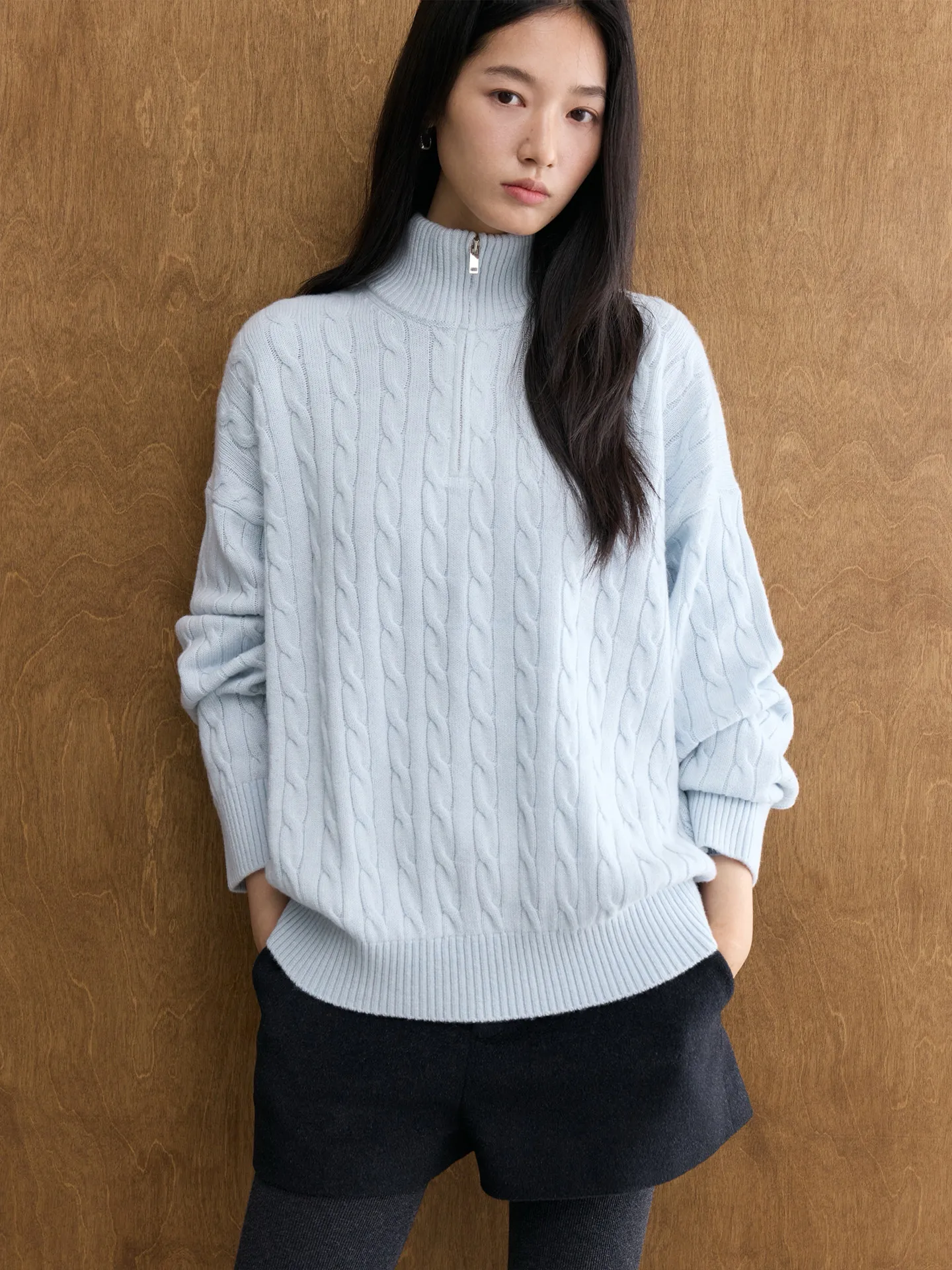 Classic old money style retro twisted _ cashmere blended semi-open placket polo loose silhouette knitted sweater women
