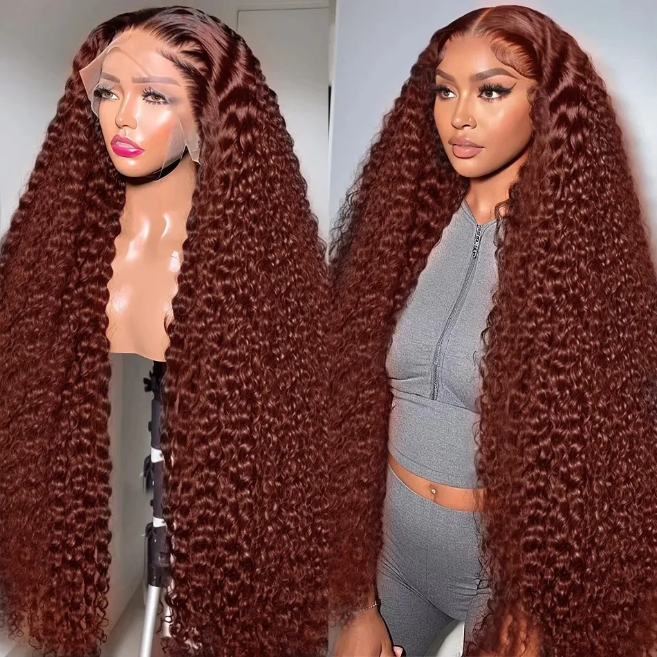 

Human Hair Curly Deep Wave 200 Density Reddish Brown Brazilian 30 Inch 13x4 Lace Front 13x6 Lace Frontal Wig For Black Women
