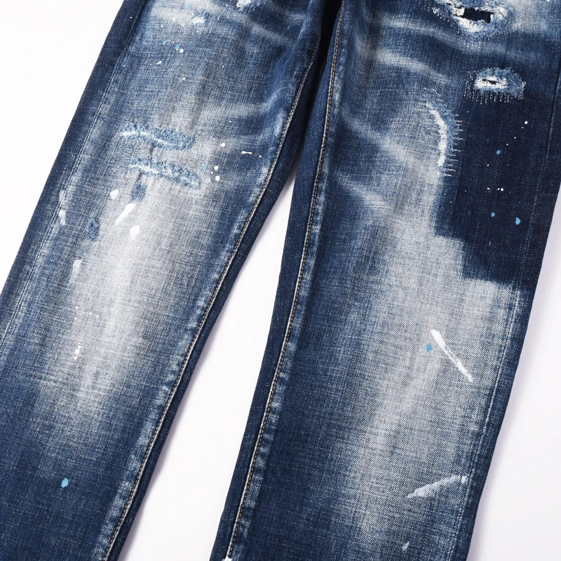 Fashionable new men's jeans with pleats, painted scratches, washed water, nostalgic stretch, slim fit, blue jeans, hip-hop brand