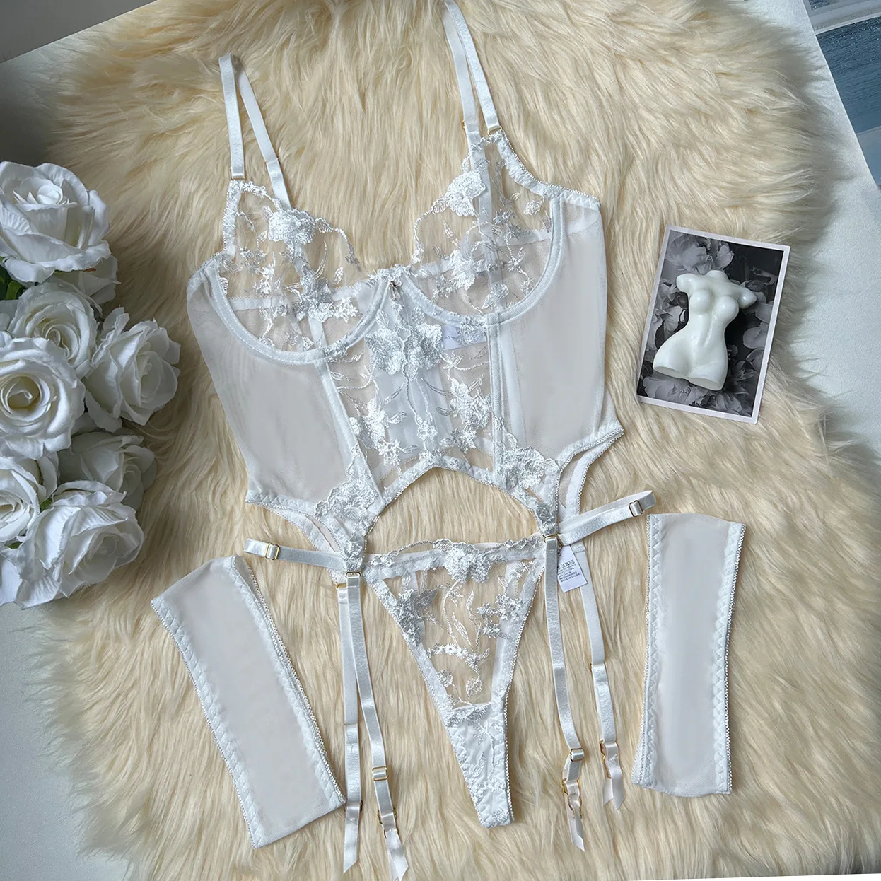 Lace Corset Sexy Sheer Mesh Bra Garter Thong Set Openwork Bodystocking Boudoir Studio Curvy Women Erotic S M L - Image 5