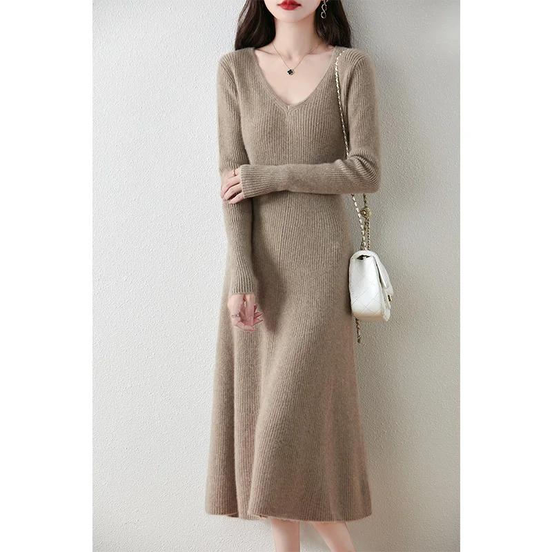 V-Neck 100% Wool Dress With Drawstring Women's Autumn Winter French Solid Color Pullover Elegant Slim And Fashionable Knit Sweat