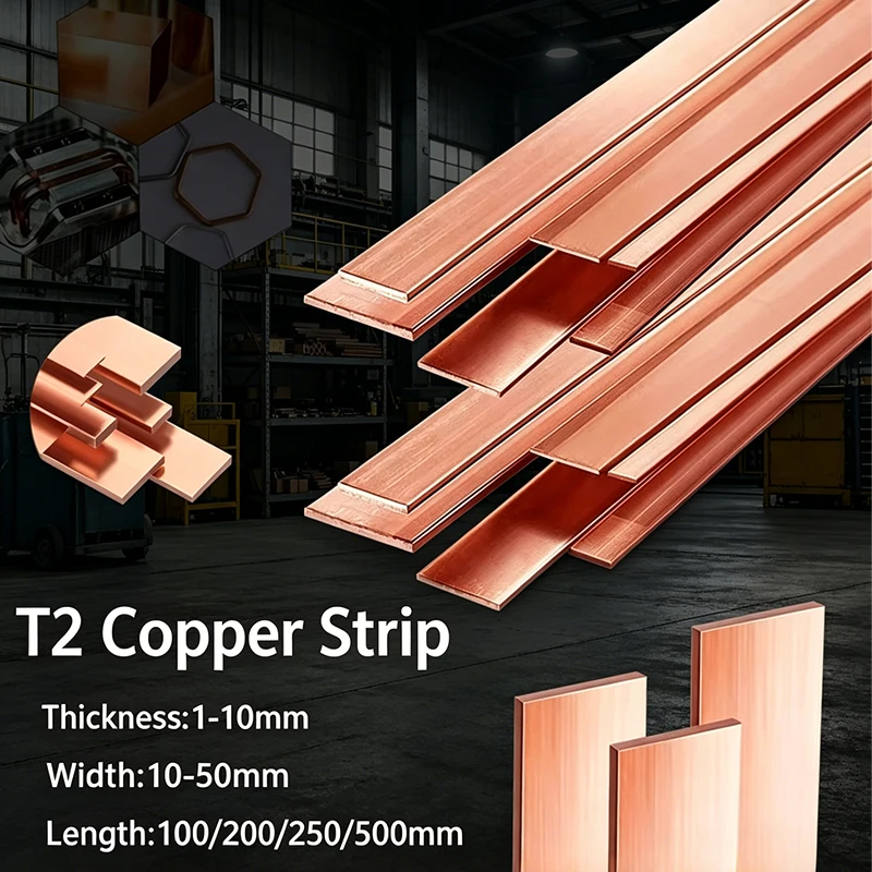 Copper Strip T2 Copper Flat Steel Strip Pure Copper & Electroplating DIY Material Thickness 1/1.5/2/3/4/5/6/8/10mm L=100-500mm