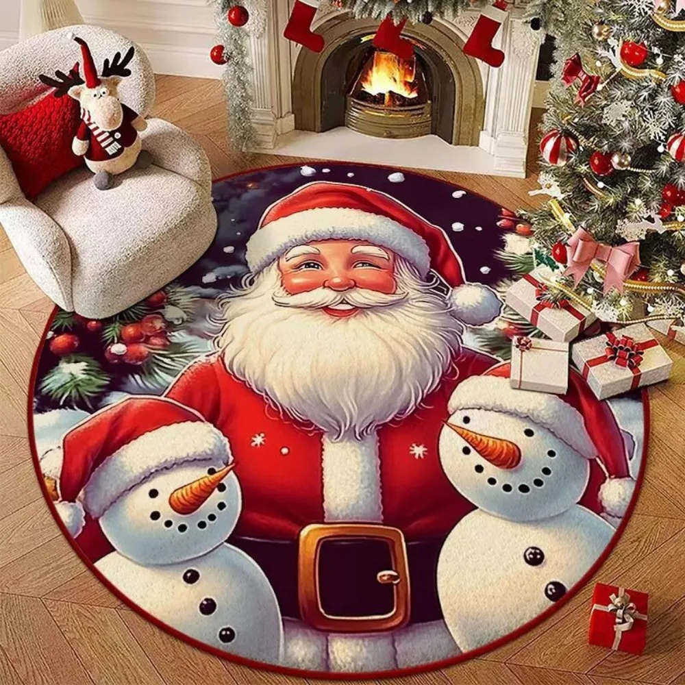 

Polyester Christmas Round Mat Snowflake Print Snowman Cartoon Xmas Round Rug Anti-Slip Decorative Floor Rugs Christmas Festival