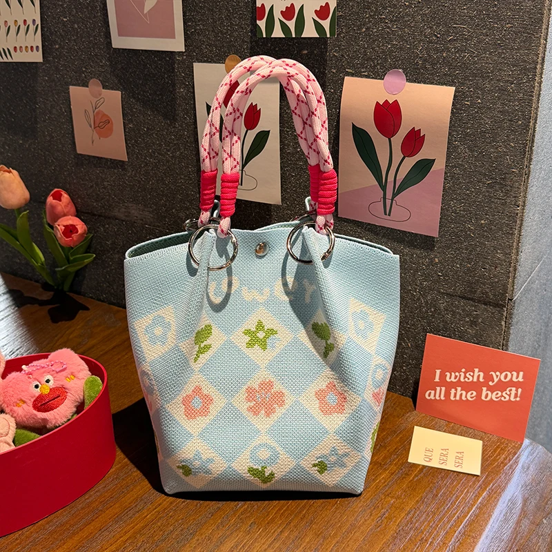 Cartoon Floral Knitted Handbag, High-Quality, Eco-Friendly, with Chinese Blessing Messages, Gift Bag, Multifunctional, Large Capacity Tote Bag, Suitable for Gifting to Family, Friends, Classmates, Holiday Shopping, Fashionable Handbag, Daily Casual Outing, Carrying Essentials, Women's Bag