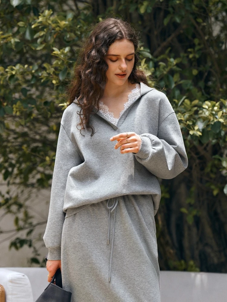 OLrain Casual Hooded Sweatshirts Woman Lace Panels V-neck Loose Knitted Hoodies 2025 Autumn Woman Fashion Clothes O57QR001082