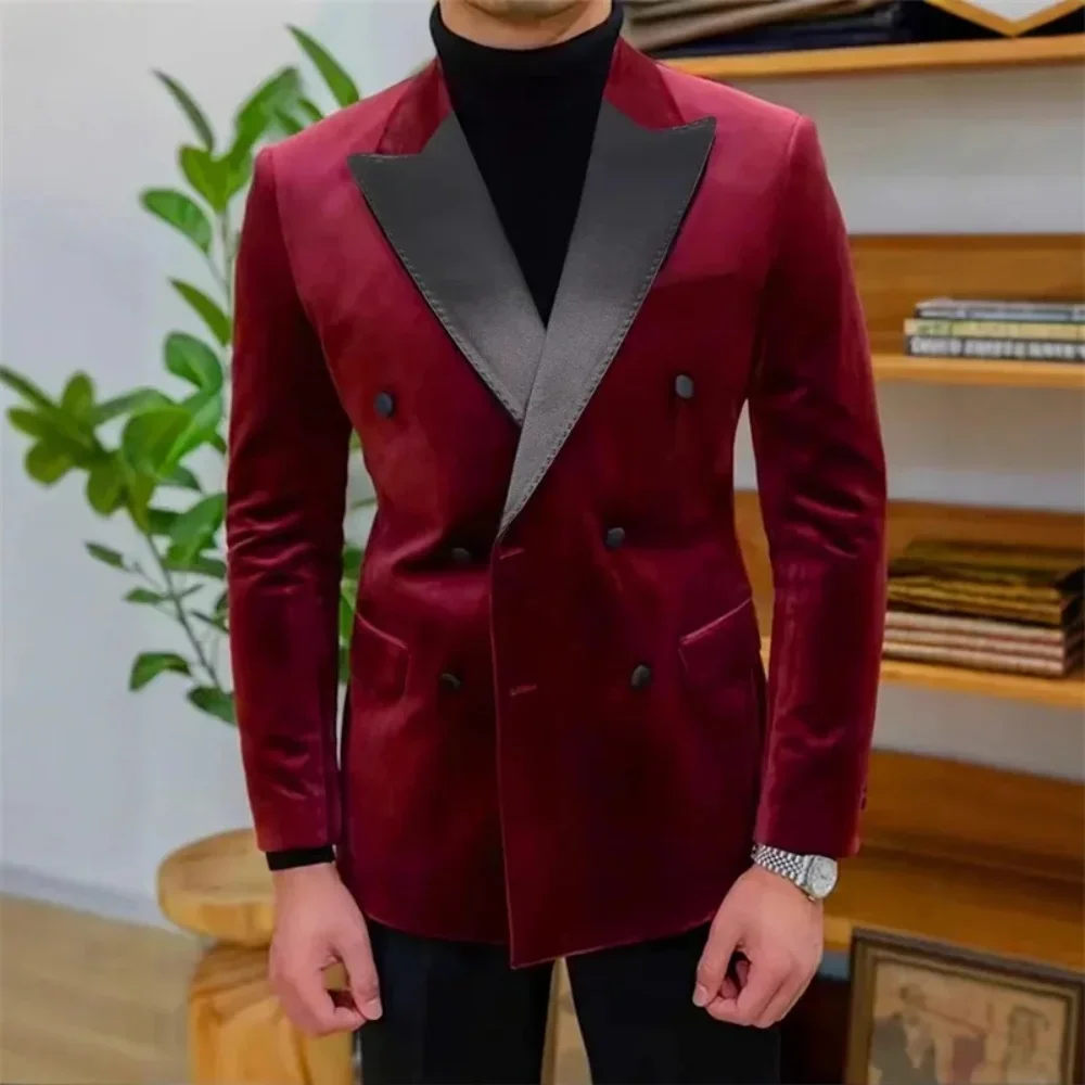 

Wine red velvet double breasted men's suit six breasted suit jacket custom wedding tailcoat men's dance only jacket