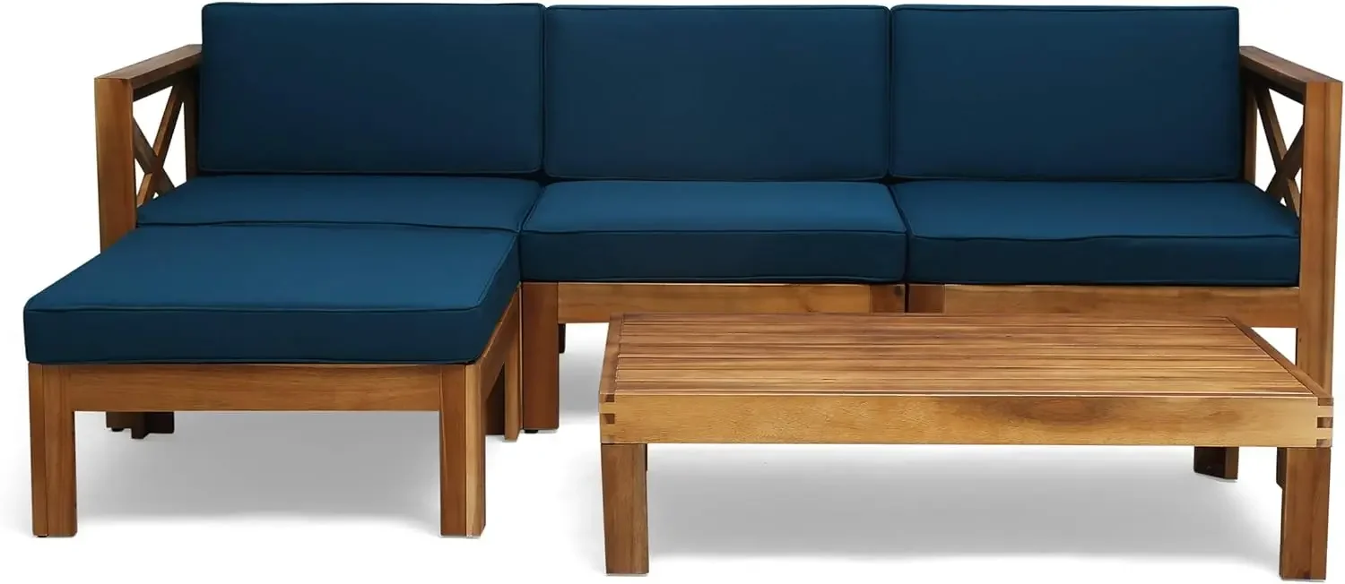 Knight Home Mamie Outdoor Acacia Wood 5 Piece Sofa Set, Teak Finish, Dark Teal