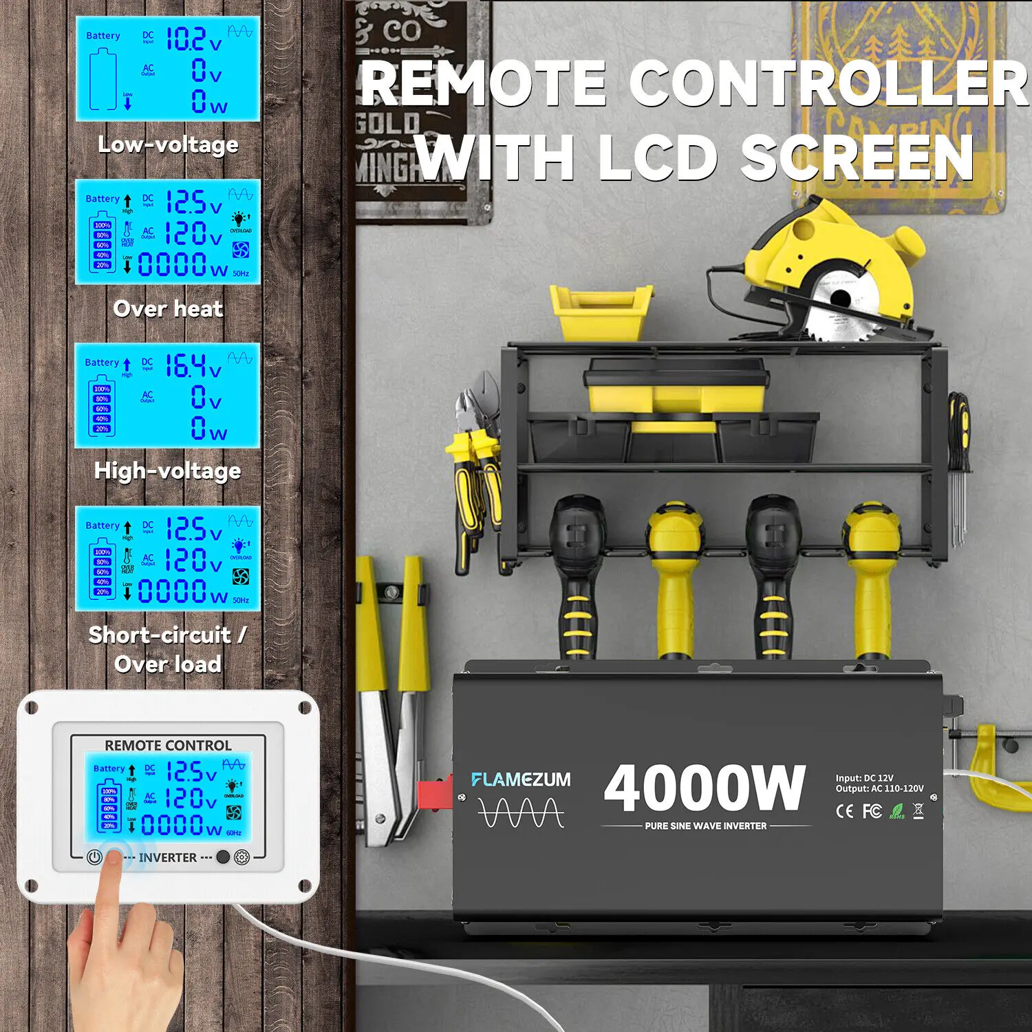 2500 W/3000 W/4000 W Wechselrichter, reine Sinuswelle, DC 12 V bis AC 110 V, 120 V, mit Fernbedienung und USB-LCD-Display für Fahrzeuge, Wohnmobil