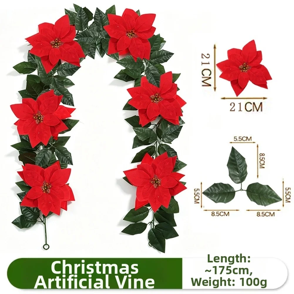 Flexible Artificial Poinsettia Garland 2 Pack 11.5 Ft Total Length for Seasonal Mantel and Banister Decoration