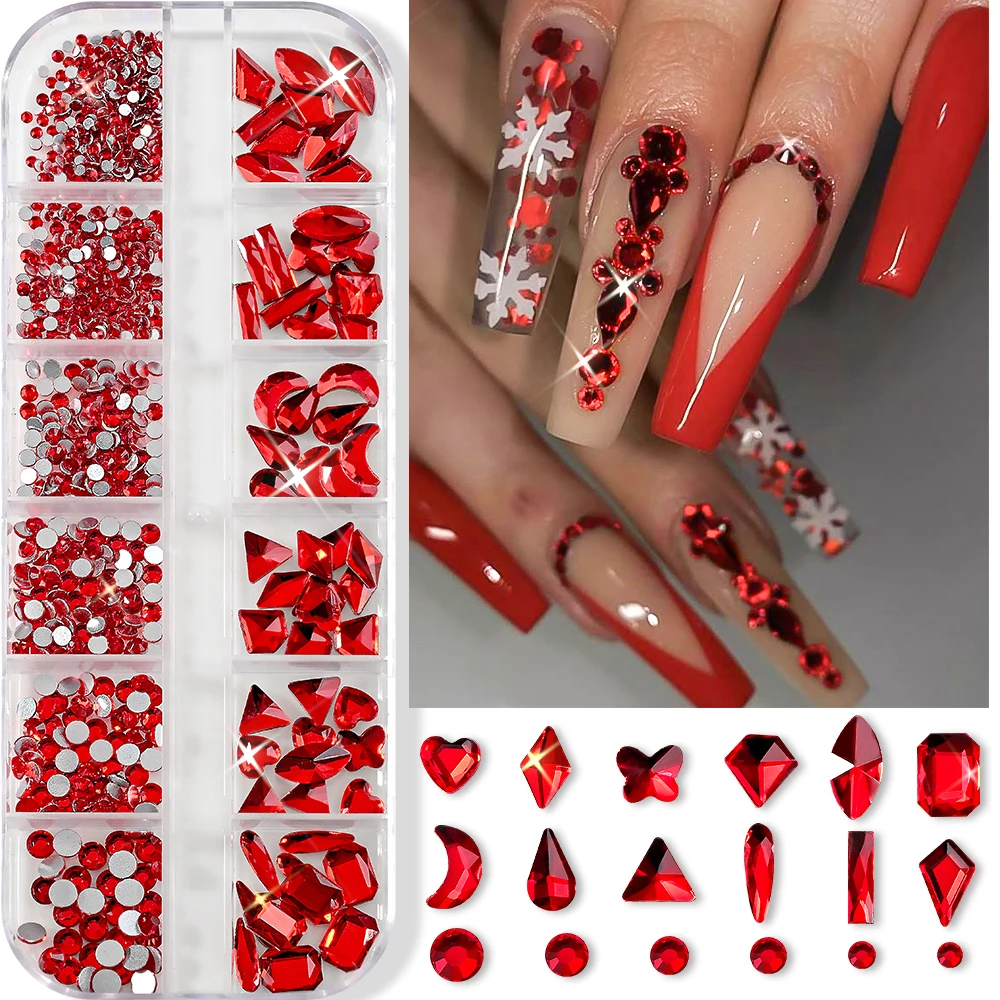 1 صندوق 12 شبكة AB مسطح الماس مسمار الفن الراين متعدد الشكل مختلط فاخر الأحجار الكريمة عيد الميلاد الأحمر كريستال الأحجار مسمار الديكور