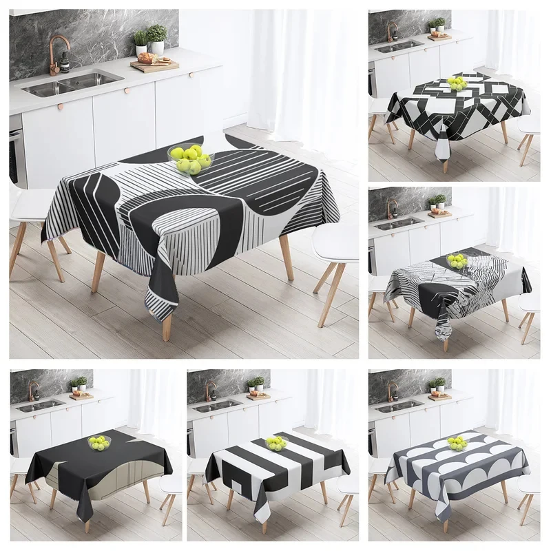 VIKAMA Modern Abstract Table Cloth Black White Line Circle Pattern Waterproof Rectangular Home Decor Table Cover