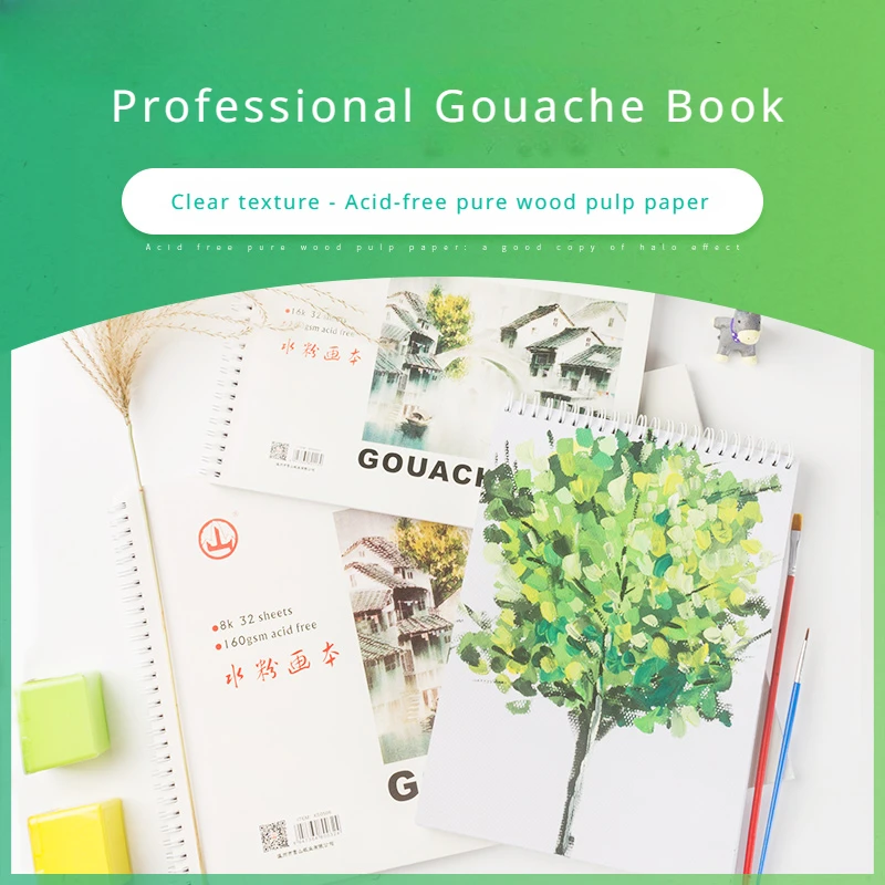 

16K Gouache Book Gouache Paint Paper Wood Pulp Paper Sketchbook 160g Thickened 32 Sheets Coil Book Drawing Supplies