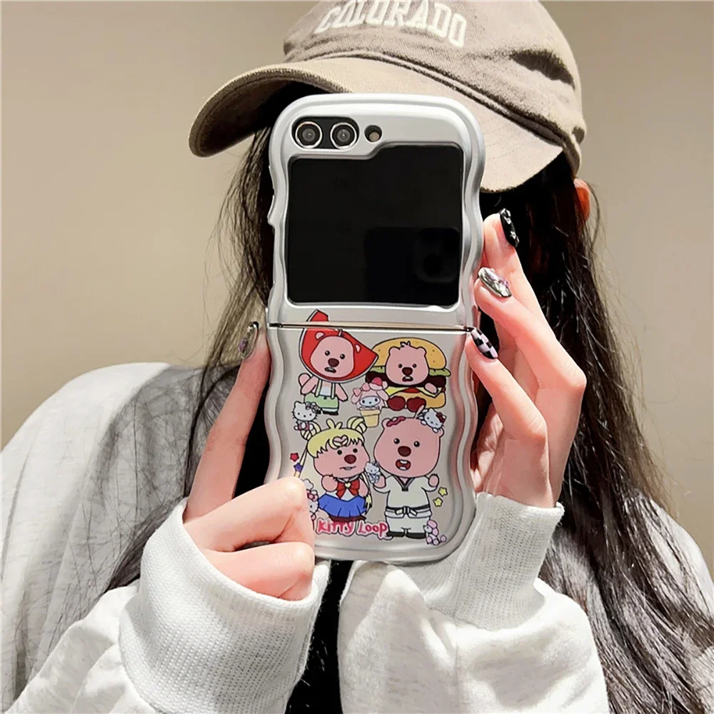 Cute Cartoon Loopies with Lanyard Skin Scrub Phone Case for Samsung Galaxy Z Flip 3 4 Z Flip 5 6 5G PC Hard Anti-drop Back Cover