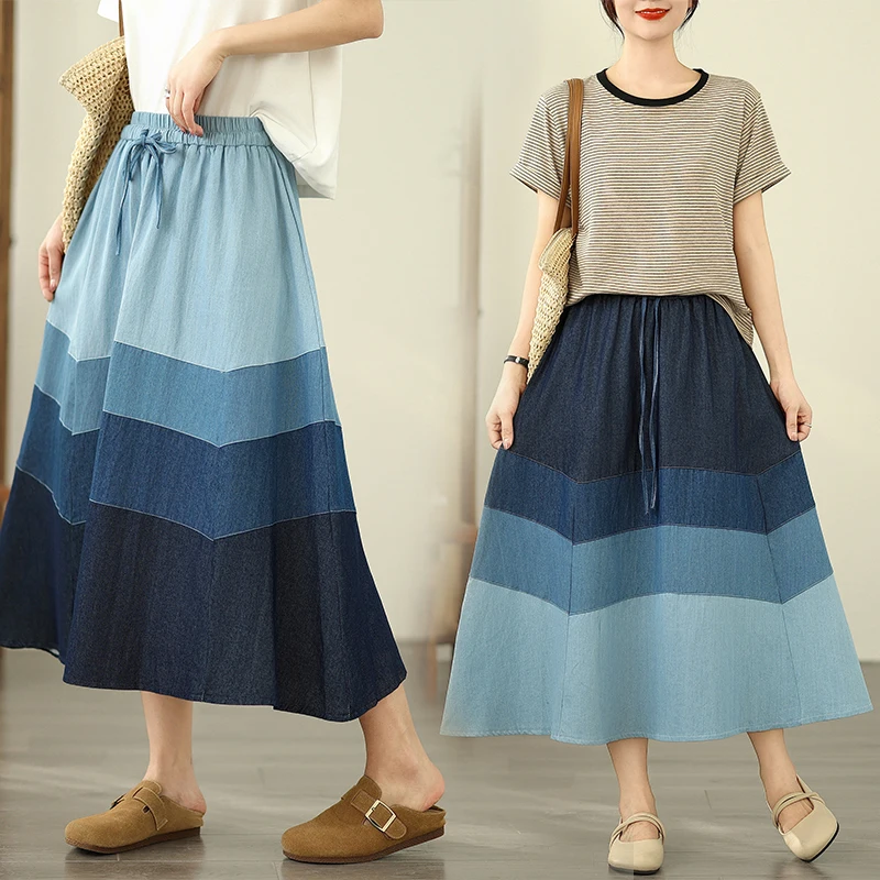 

Летняя свободная винтажная джинсовая юбка с высокой талией для женщин больших размеров, тонкая хлопковая юбка с эластичной резинкой на талии