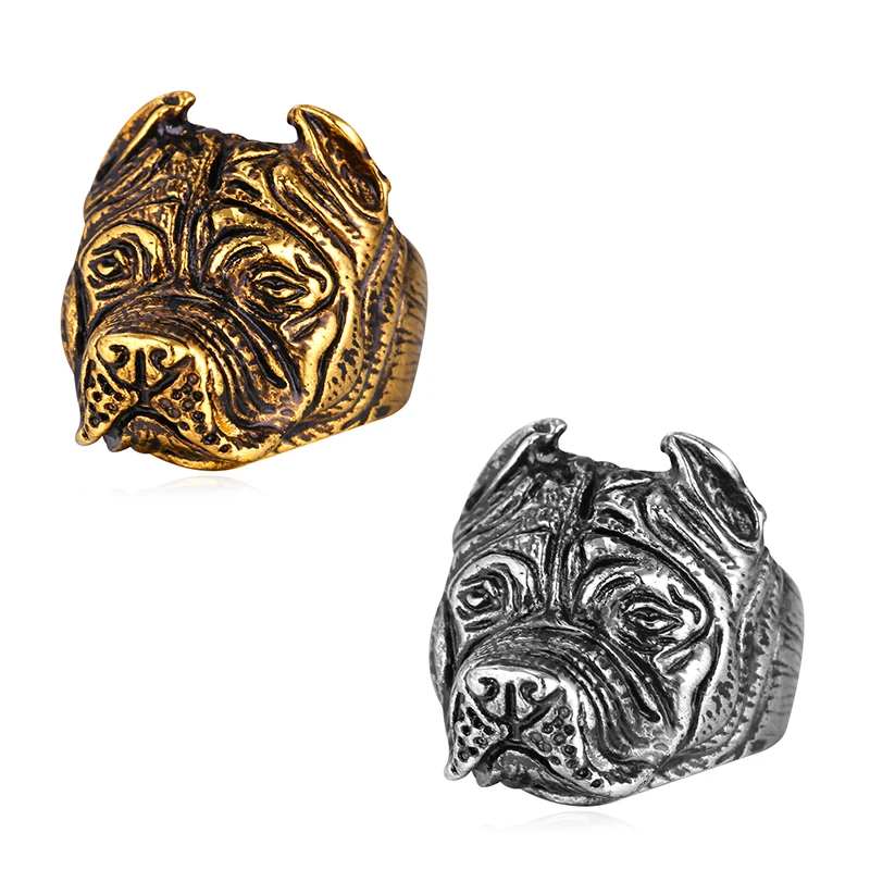 U7 French Bulldog Punk Ring Men Gold Color Stainless Steel Animal Cute Pet Vintage Style Jewelry QC24