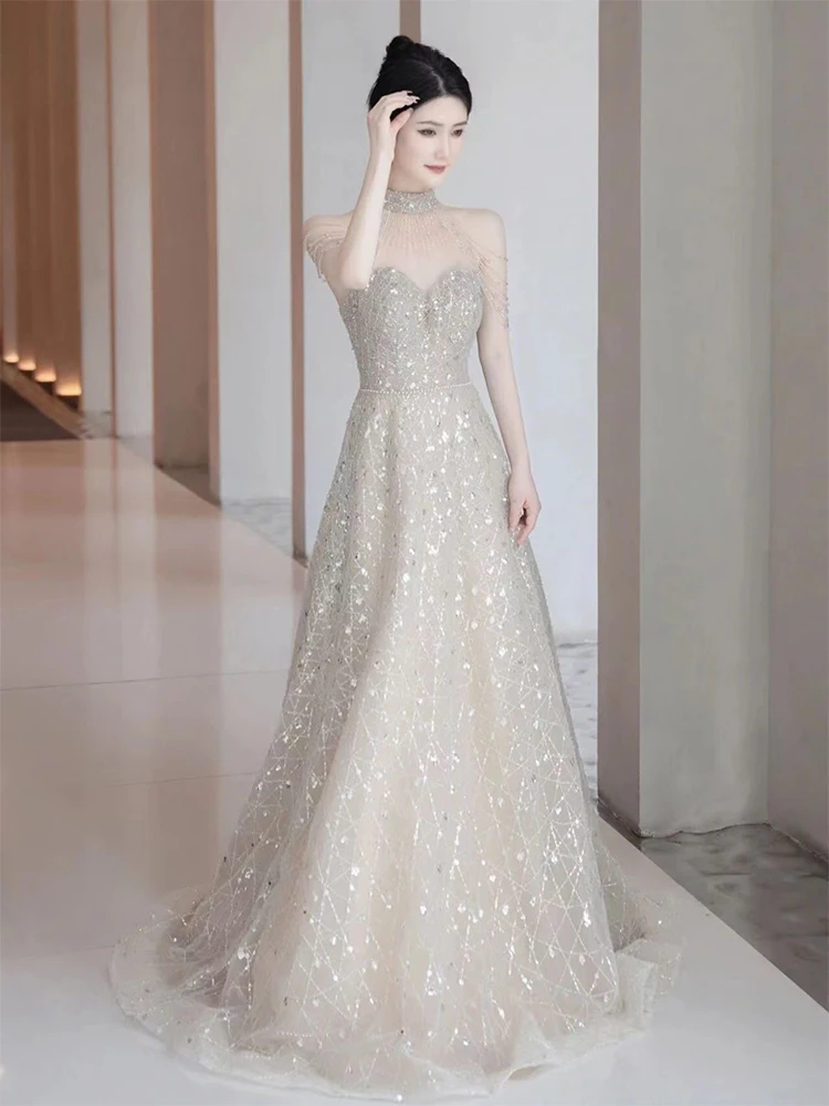 

Ele Silver Hanging Ne Evening Gown Stage Performance Wedding Dr Ball Host ort Sve Floor Length Beaded Dr