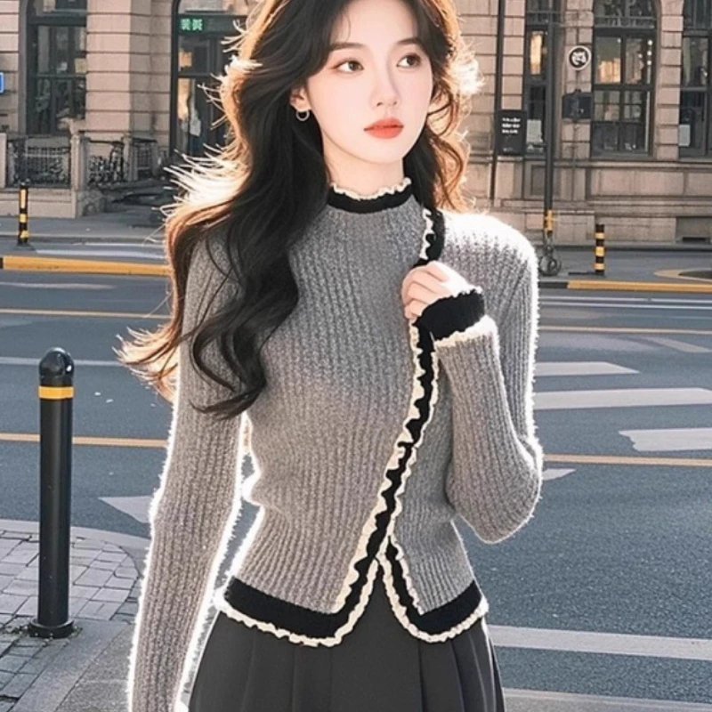 Stylish French Vibe Mushroom Lace Trim Pullover For Women Slimming Grey Striped Pullover Sweater Elegant Autumn Winter Knitwear