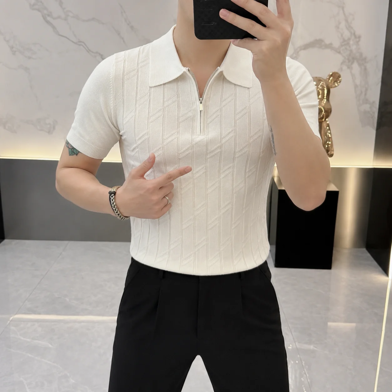 British Style Summer Half Zip Lapel Polo Shirt Men's Short Sleeved Business Casual Knitted T-shirt Streetwear Men Clothing