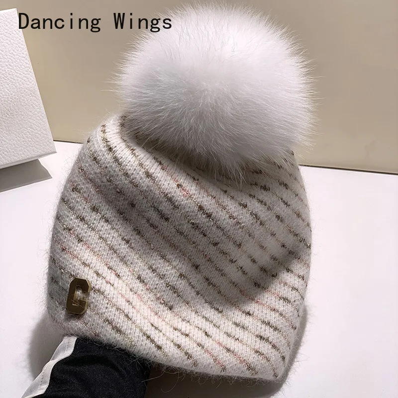 

Natural Real Fox Fur Pom Pom Winter Hat Cap Thick Warm Crochet Knit Women Beanie Hat Brand