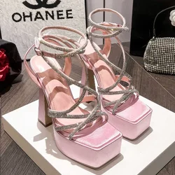 Luxury Rhinestone Super High Heels Women 15cm Fashion Sexy Party Dress Shoes Open Toe Elegant Cross-tied Platform Sandals Women