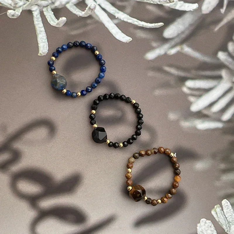 Natural Stone Beaded Rings For Women Crystal Stainless Steel Simple Fashion Elastic Rope Ring Handmade Wedding Party Jewelry