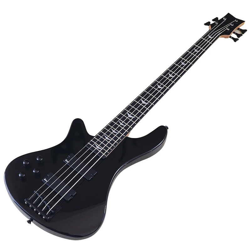 Left Hand 5 String Bass Guitar Black 43 Inch Electric Bass Guitar High Gloss Solid Basswood Body with Canada Maple Neck