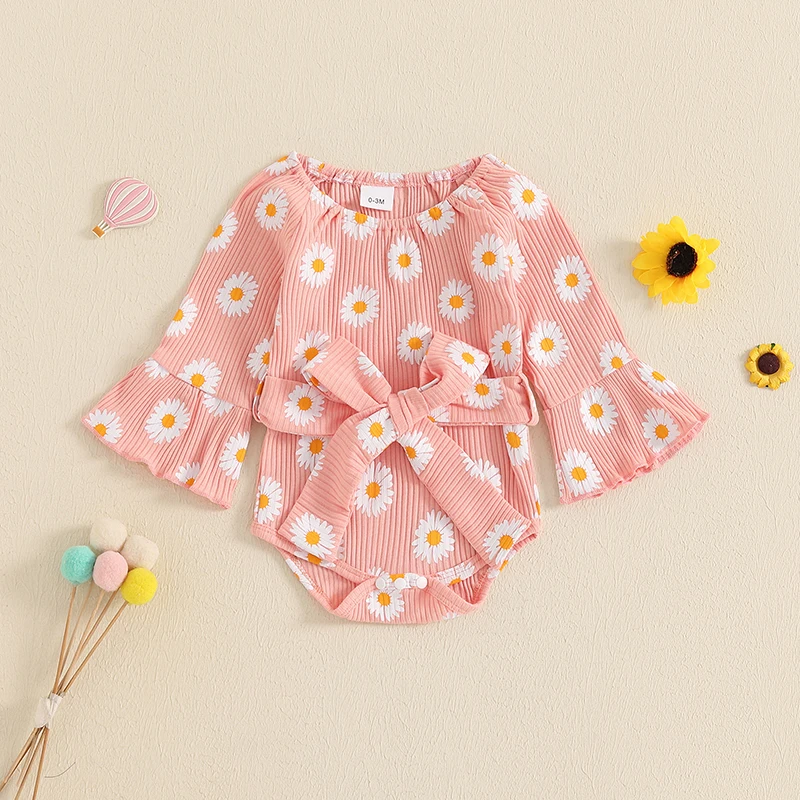 0-18 Months Baby Girls Rompers Daisy Print Boat Neck Long Sleeve Toddler Bodysuits Fall Clothes with Belt