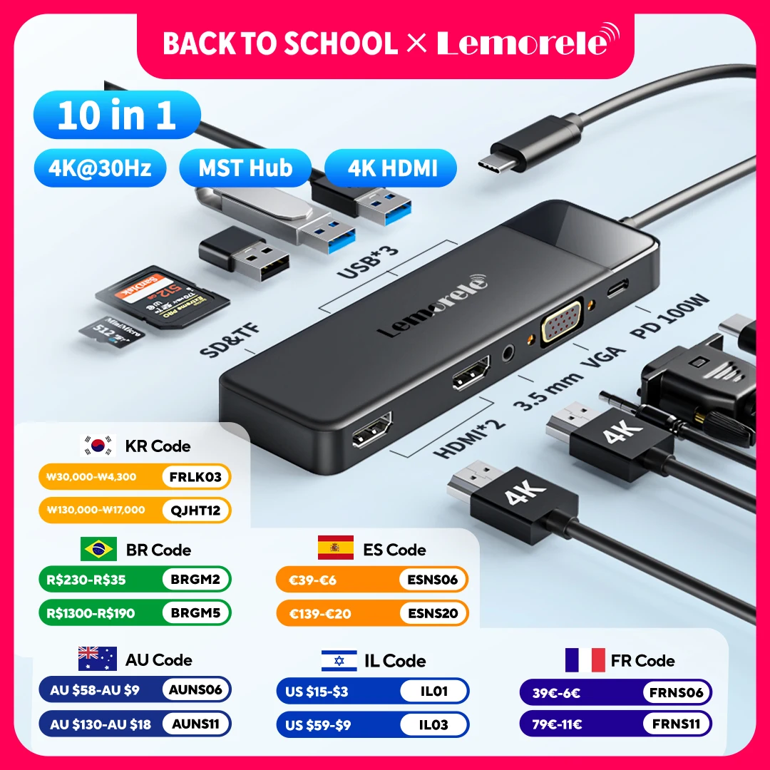 Lemorele TC94 HUB 10-em-1 4K 30Hz Estação de Conexão com VGA Tipo-C Dual HDMI 100W PD Power Adaptador SD/TF HUB USB-C para Laptop TV