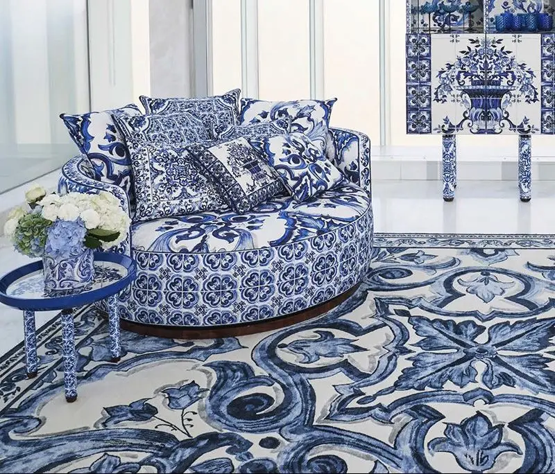 High-end Blue and White Porcelain Pattern Design Fabric Sofa Villa Luxury Artistic Sense Chinese Style Rotatable Leisure Sofa