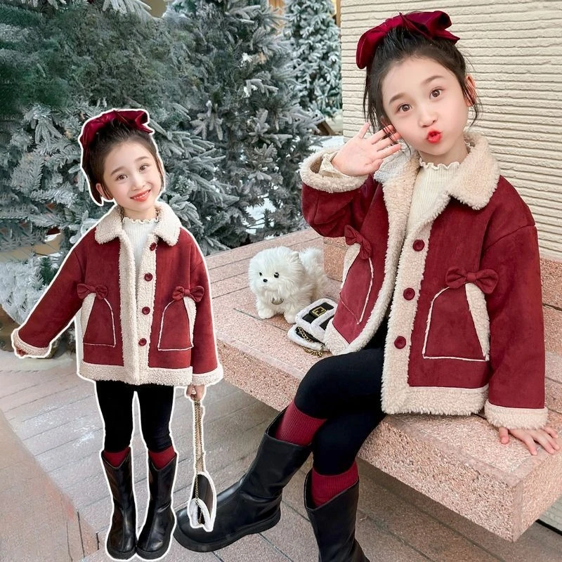 معطف شتوي مخملي من جلد الغزال للفتيات 2025 نمط جديد دافئ من الفرو الصناعي الأحمر للأطفال الصغار سترة شتوية أنيقة #6