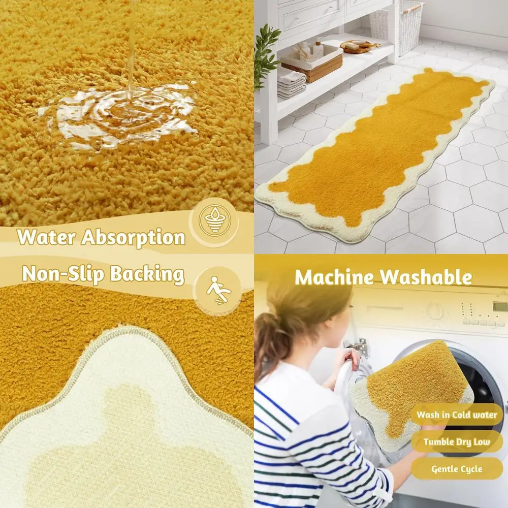 

Large Soft Irregular Shaped Yellow Shaggy Microfiber Bath Mat, Non-Slip, Water Absorbent, Washable, 24x60 Inches for Bathroom, B
