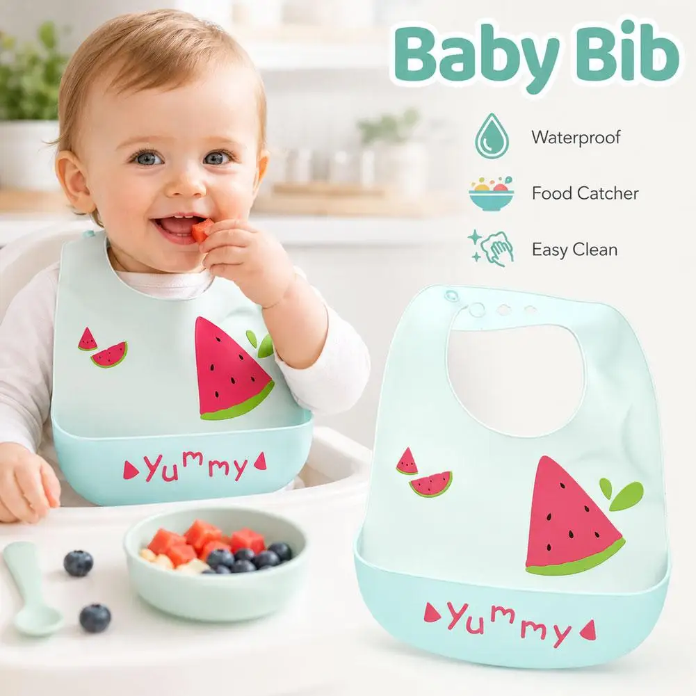 Waterproof Soft Silicone Baby Bib With Food Catcher Pocket Adjustable Cute Printed Infant Toddler Feeding Apron Burp Cloth