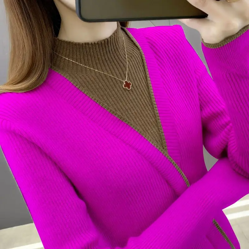 2023 Winter Women\'s Fur Thickened Half High Collar Spliced Long Sleeve Bottom Shirt Autumn Fake Two Piece Slim Fit Versatile Top