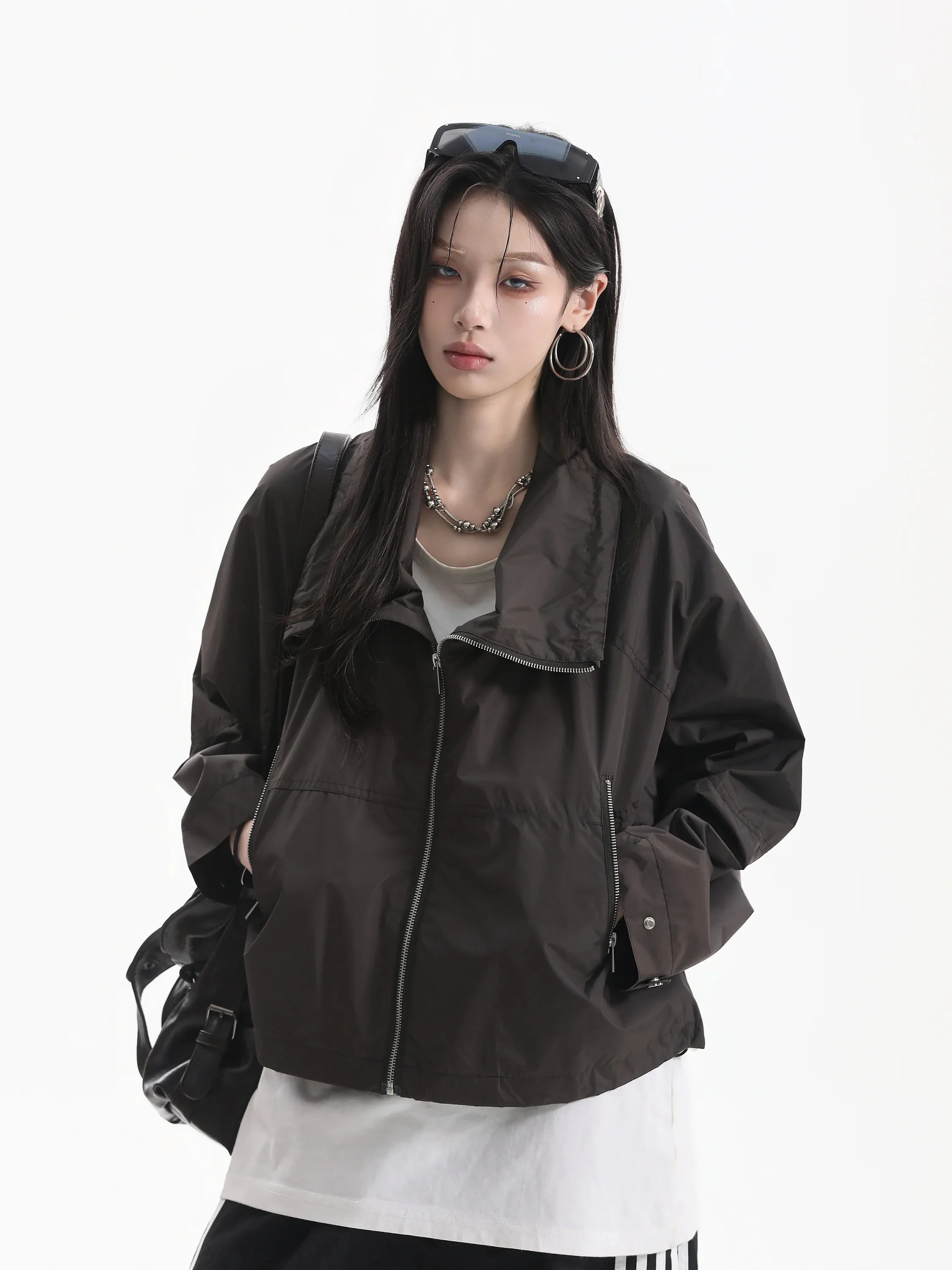 Neuter Style Short Pilot Jacket Zipper Closure Stand Collar Motorcycle Outerwear High Street Design American Loose Fit Polyester