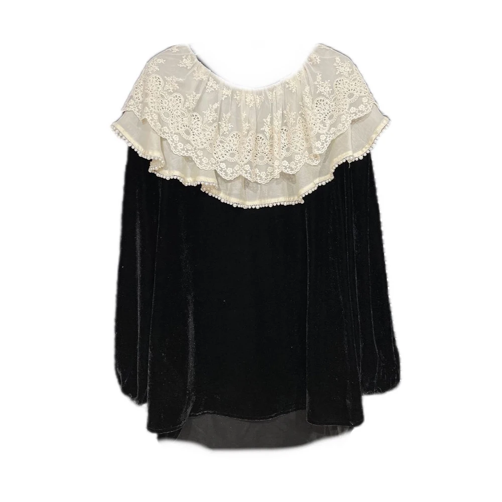 Loose and versatile lotus collar doll shirt 2024 autumn new Korean  contrasting lace velvet shirt top  blusa  tops mujer